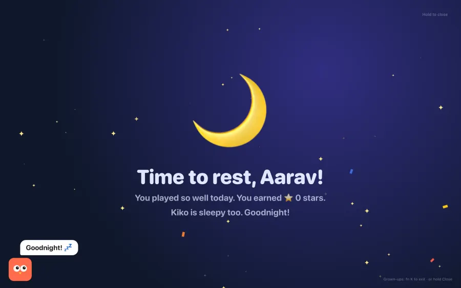 The bedtime screen: a moon and a goodnight from Kiko