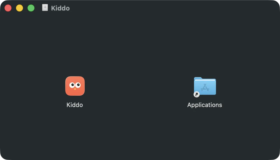 The Kiddo disk image: the Kiddo app next to the Applications folder